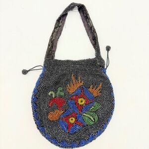 Vintage Womens Evening Bag Mini Glass Beaded Art Deco Multi-Color Drawstring